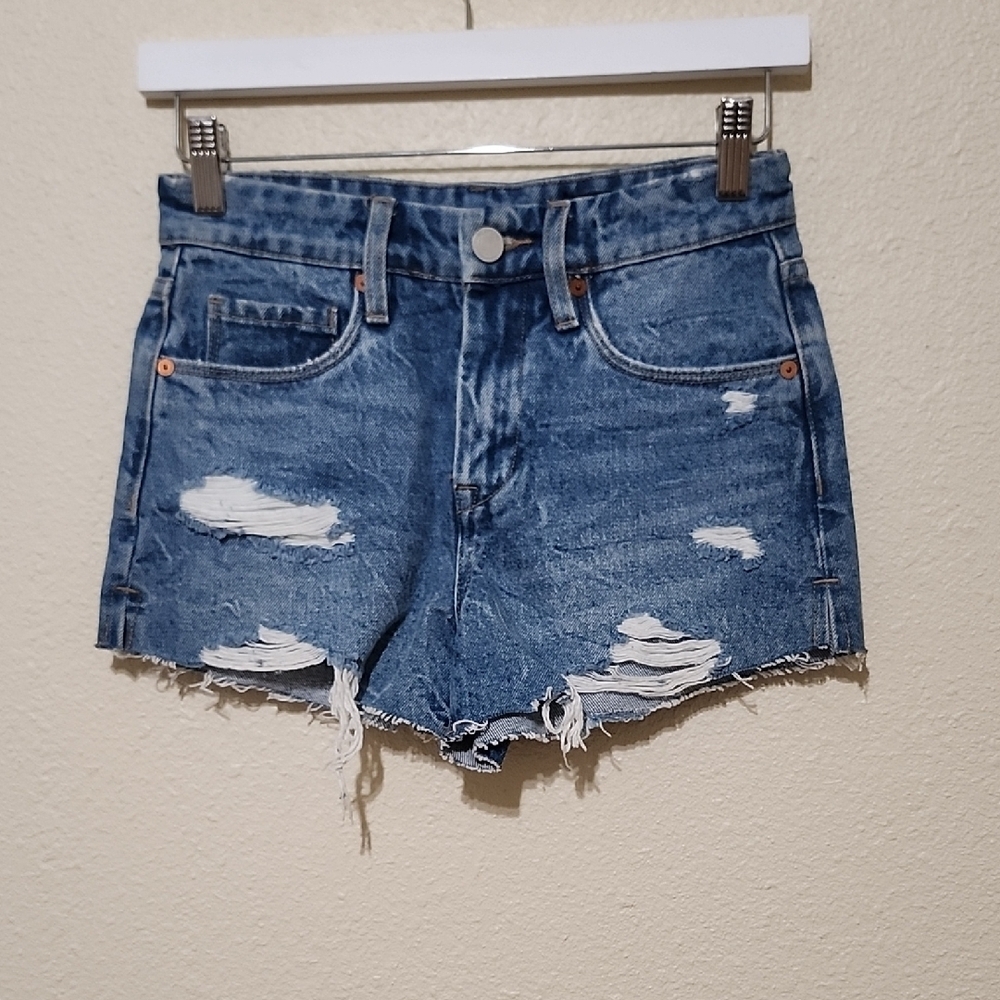 Blank NYC Blue and White Jean Shorts with Distressed Hem